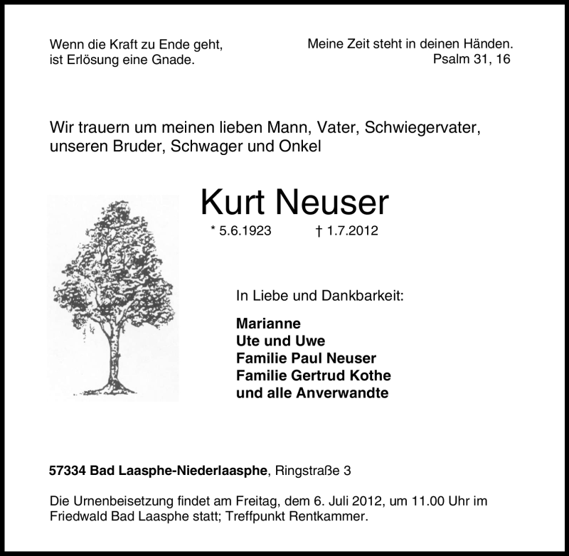  Traueranzeige für Kurt Neuser vom 04.07.2012 aus Tageszeitung
