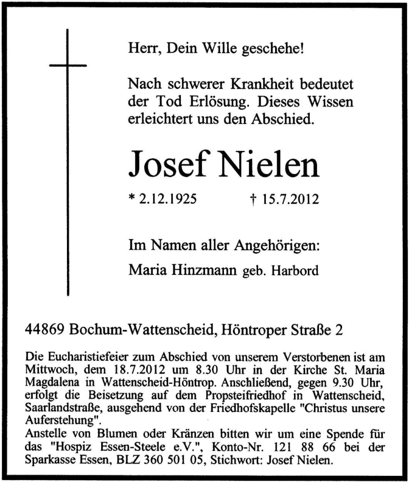  Traueranzeige für Josef Nielen vom 17.07.2012 aus Tageszeitung