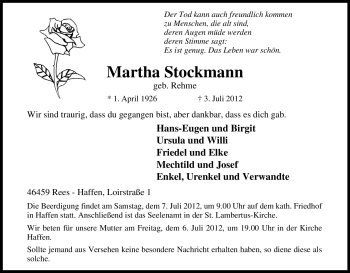 Traueranzeige von Martha Stockmann von Tageszeitung