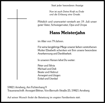 Traueranzeige von Hans Meisterjahn von Tageszeitung