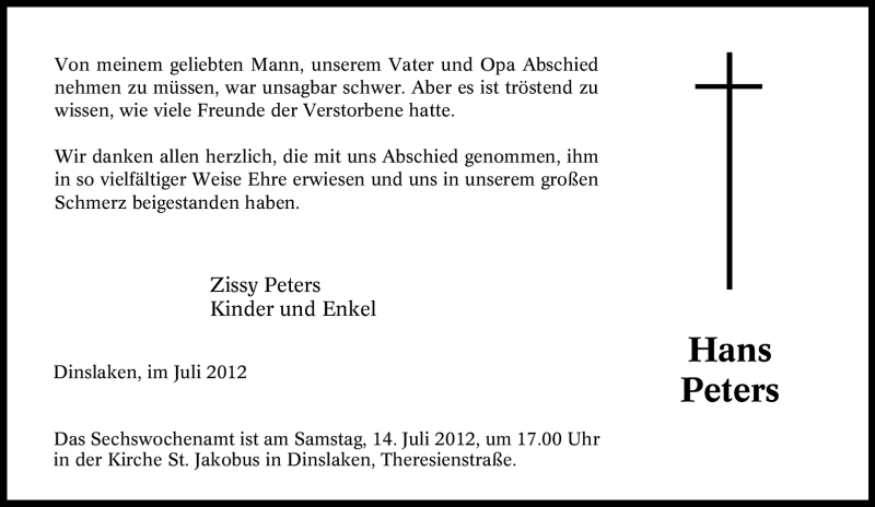  Traueranzeige für Hans Peters vom 07.07.2012 aus Tageszeitung
