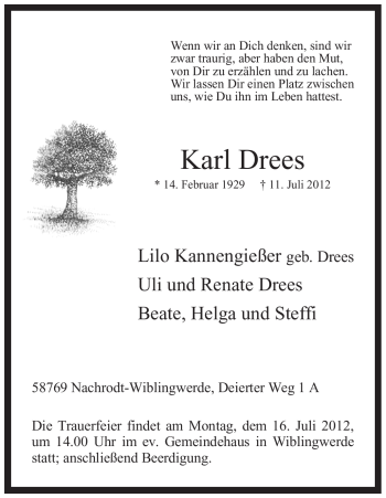 Traueranzeige von Karl Drees von Tageszeitung