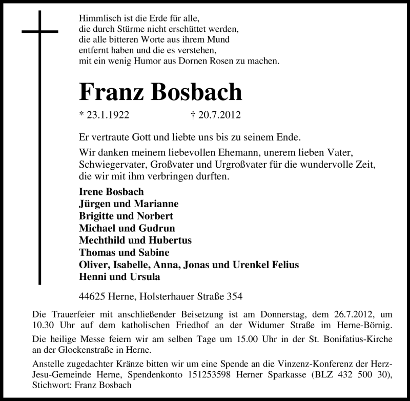  Traueranzeige für Franz Bosbach vom 23.07.2012 aus Tageszeitung
