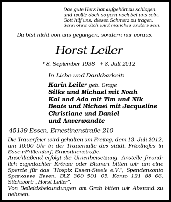 Traueranzeige von Horst Leiler von Tageszeitung