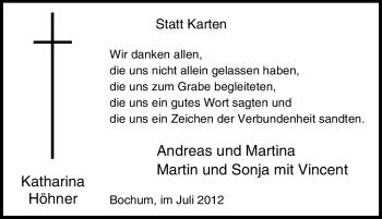 Traueranzeige von Katharina Höhner von Tageszeitung