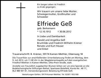 Traueranzeige von Elfriede Geß von Tageszeitung