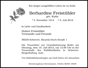 Traueranzeige von Berhardine Freistühler von Tageszeitung