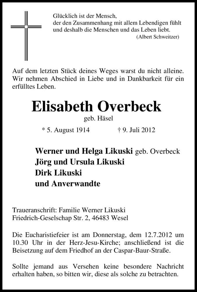  Traueranzeige für Elisabeth Overbeck vom 10.07.2012 aus Tageszeitung
