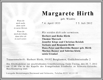 Traueranzeige von Margarete Hirth von Tageszeitung