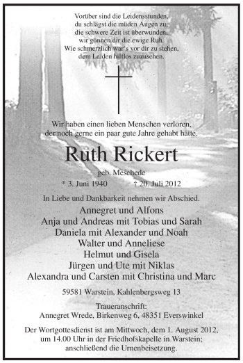 Traueranzeige von Ruth Rickert von Tageszeitung
