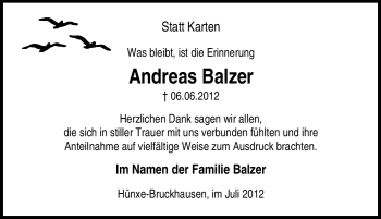 Traueranzeige von Andreas Balzer von Tageszeitung
