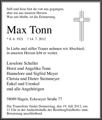 Traueranzeige von Max Tonn von Tageszeitung