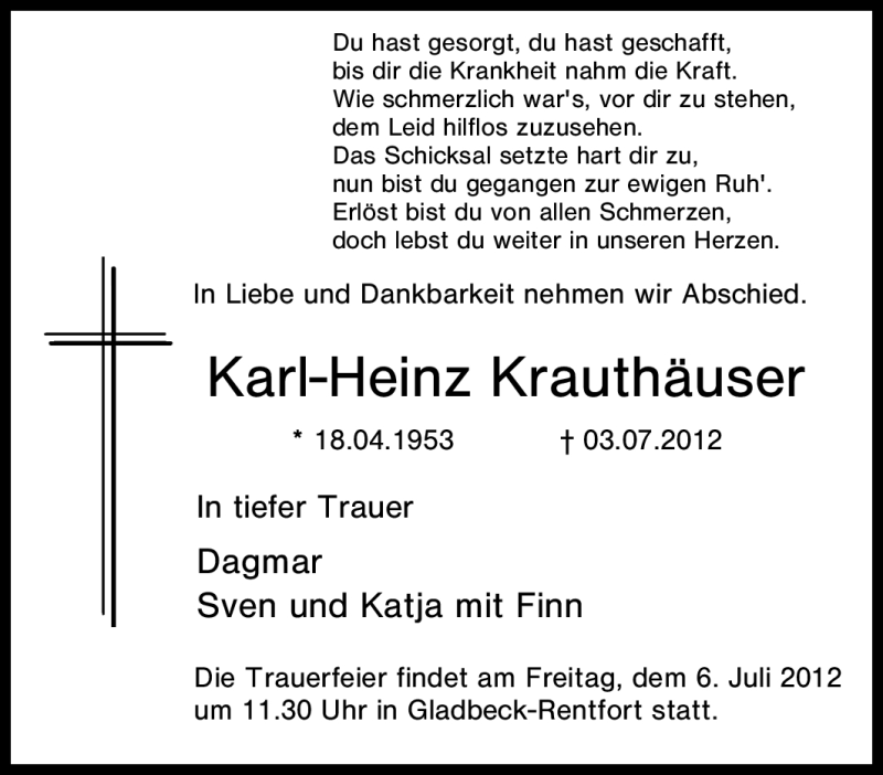  Traueranzeige für Karl-Heinz Krauthäuser vom 05.07.2012 aus Tageszeitung