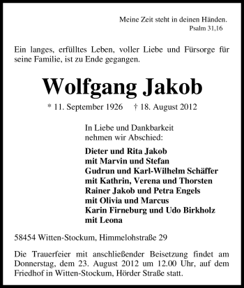 Traueranzeige von Wolfgang Jakob von Tageszeitung