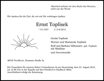 Traueranzeige von Ernst Toplisek von Tageszeitung