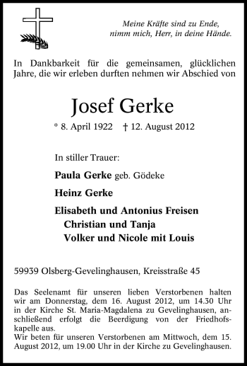 Traueranzeige von Josef Gerke von Tageszeitung