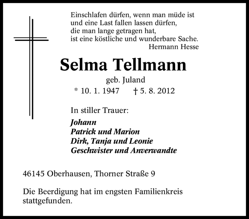  Traueranzeige für Selma Tellmann vom 18.08.2012 aus Tageszeitung