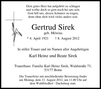 Traueranzeige von Gertrud Sirek von Tageszeitung