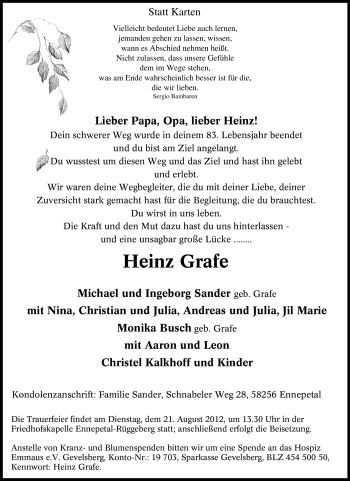 Traueranzeige von Heinz Grafe von Tageszeitung