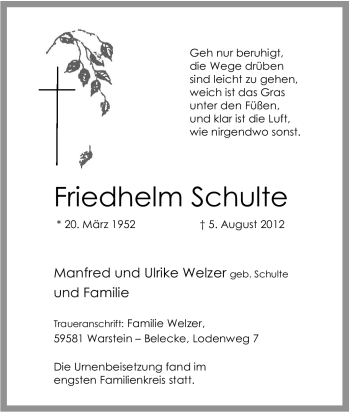 Traueranzeige von Friedhelm Schulte von Tageszeitung
