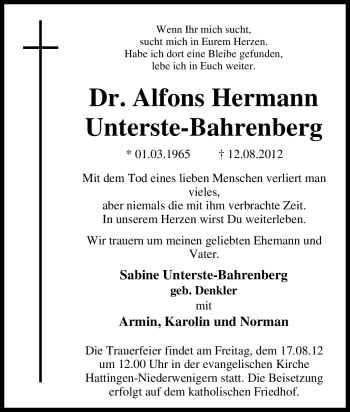 Traueranzeige von Dr. Alfons Hermann Unterste-Bahrenberg von Tageszeitung