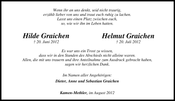 Traueranzeige von Hilde Graichen von Tageszeitung