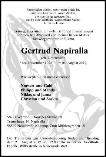 Traueranzeige von Gertrud Napiralla von Tageszeitung