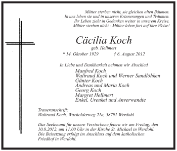 Traueranzeige von Cäcilia Koch von Tageszeitung