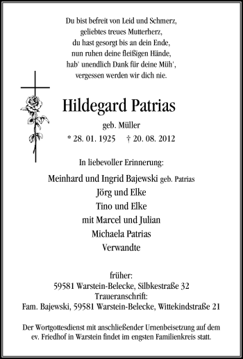 Traueranzeige von Hildegard Patrias von Tageszeitung