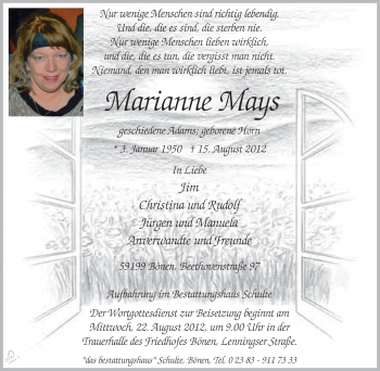 Traueranzeige von Marianne Mays von Tageszeitung