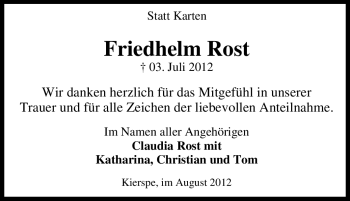 Traueranzeige von Friedhelm Rost von Tageszeitung