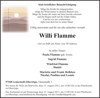 Traueranzeige von Willi Flamme von Tageszeitung