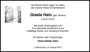 Traueranzeige von Gisela Hain von Tageszeitung