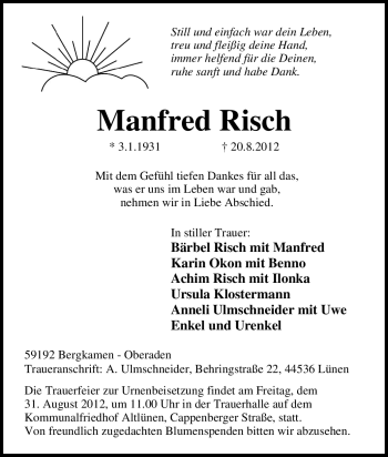 Traueranzeige von Manfred Risch von Tageszeitung