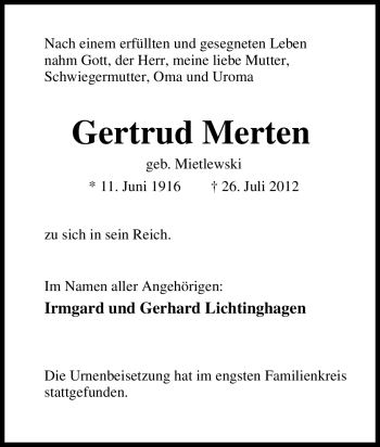Traueranzeige von Gertrud Merten von Tageszeitung
