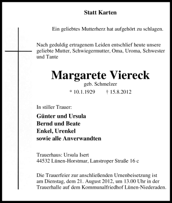 Traueranzeige von Margarete Viereck von Tageszeitung