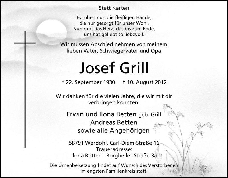  Traueranzeige für Josef Grill vom 13.08.2012 aus Tageszeitung