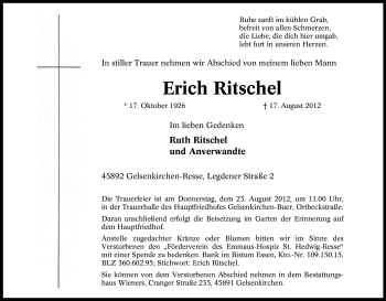 Traueranzeige von Erich Ritschel von Tageszeitung