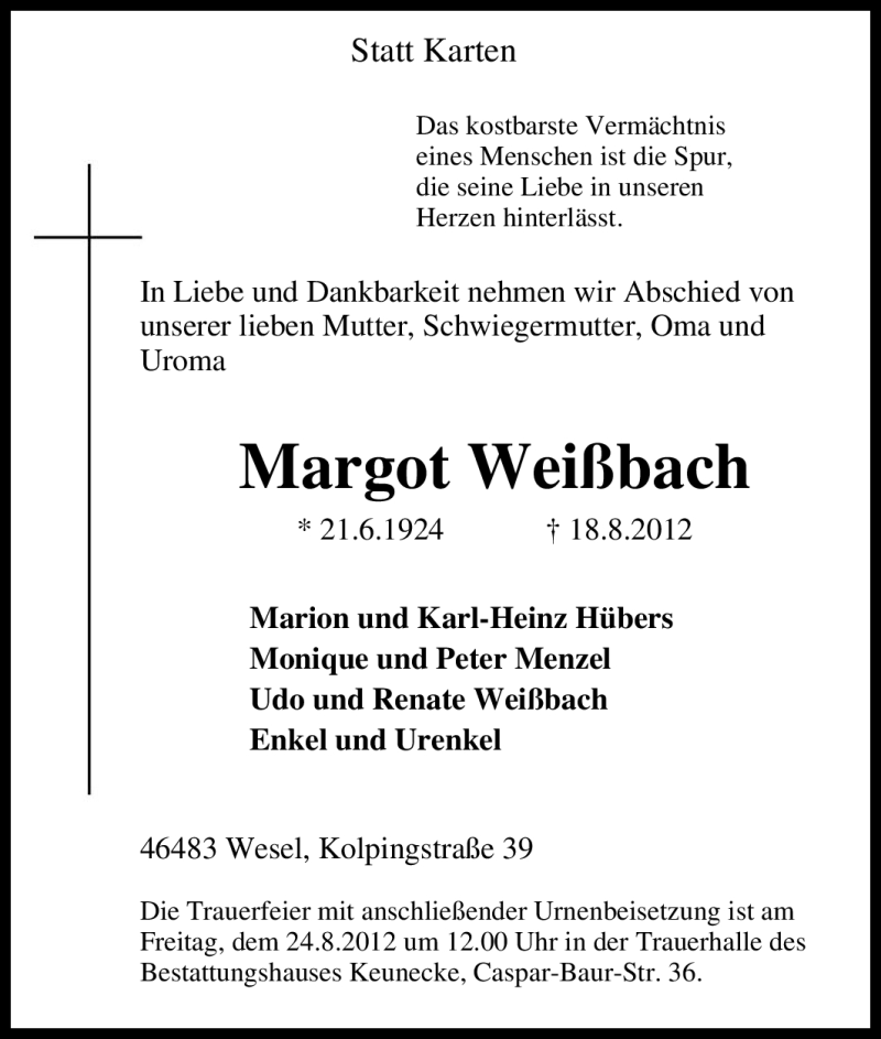  Traueranzeige für Margot Weißbach vom 21.08.2012 aus Tageszeitung