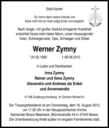 Traueranzeige von Werner Zymny von Tageszeitung