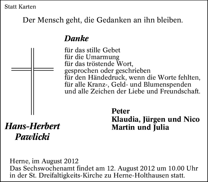  Traueranzeige für Hans-Herbert Pawlicki vom 11.08.2012 aus Tageszeitung