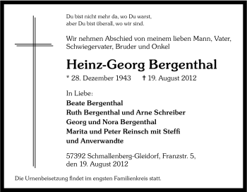 Traueranzeige von Heinz-Georg Bergenthal von Tageszeitung