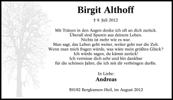 Traueranzeige von Birgit Althoff von Tageszeitung