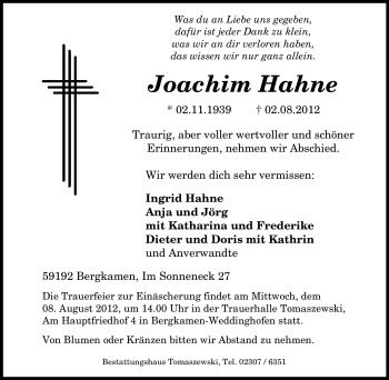 Traueranzeige von Joachim Hahne von Tageszeitung