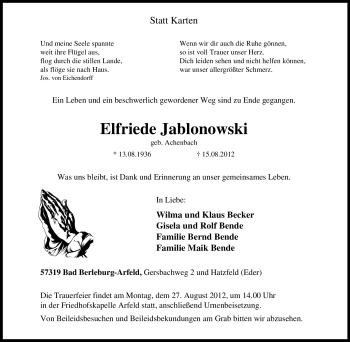 Traueranzeige von Elfriede Jablonowski von Tageszeitung