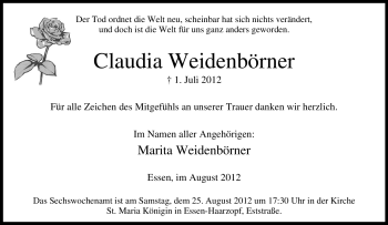 Traueranzeige von Claudia Weidenbörner von Tageszeitung