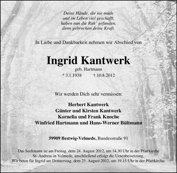 Traueranzeige von Ingrid Kantwerk von Tageszeitung