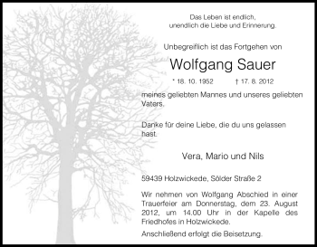 Traueranzeige von Wolfgang Sauer von Tageszeitung