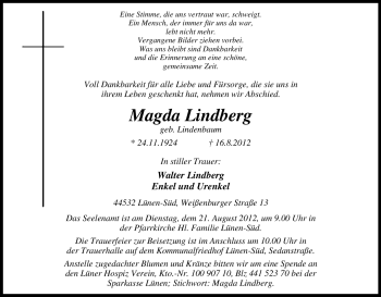Traueranzeige von Magda Lindberg von Tageszeitung