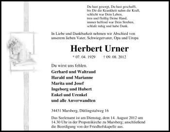 Traueranzeige von Herbert Urner von Tageszeitung